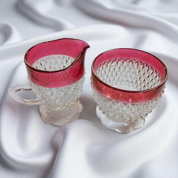 Vintage Indiana Glass Ruby Diamond Point Creamer & Sugar Set – Mid Century - Picture 2 of 11